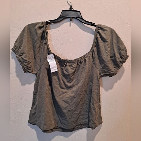 American Eagle Outfitters Puff Sleeve Square Neck Button Crop - Picture 3 of 6